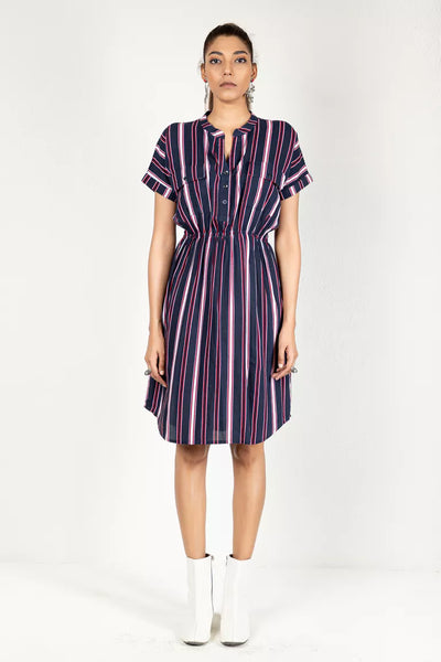 Navy Blue With Red  White Striped Dress
