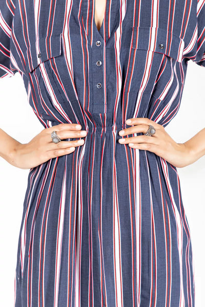 Navy Blue With Red  White Striped Dress