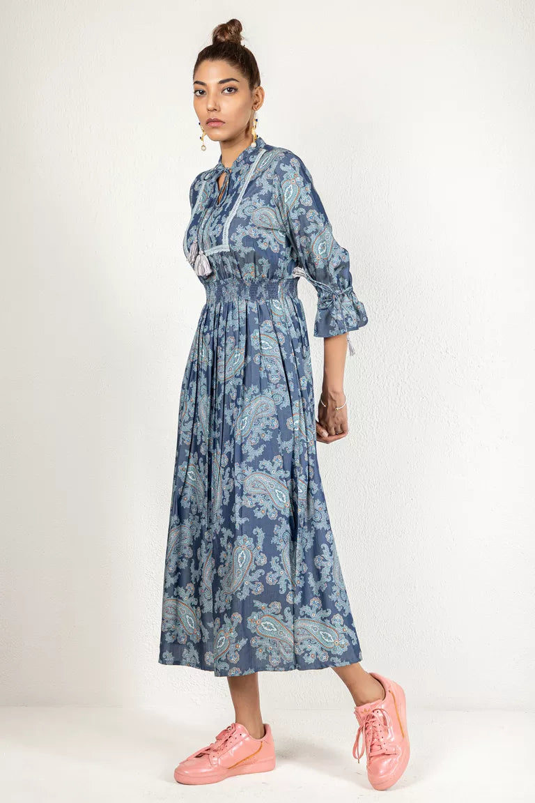 Denim Blue With Turquoise Print Dress