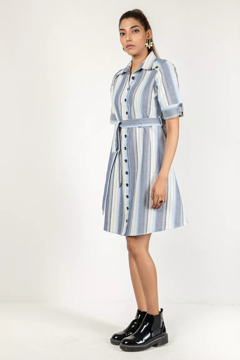 Off-White & Blue Striped Cotton Dress