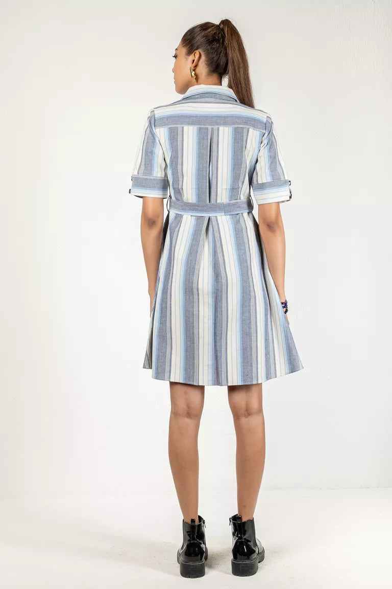 Off-White & Blue Striped Cotton Dress