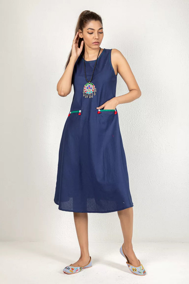 Navy Blue Color Cotton Dress