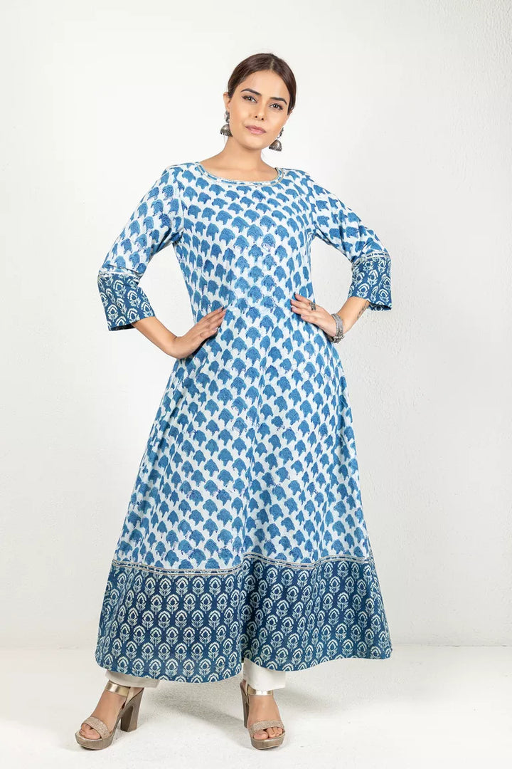 Indigo-Colored Kurta In Hand Block Dabu Print