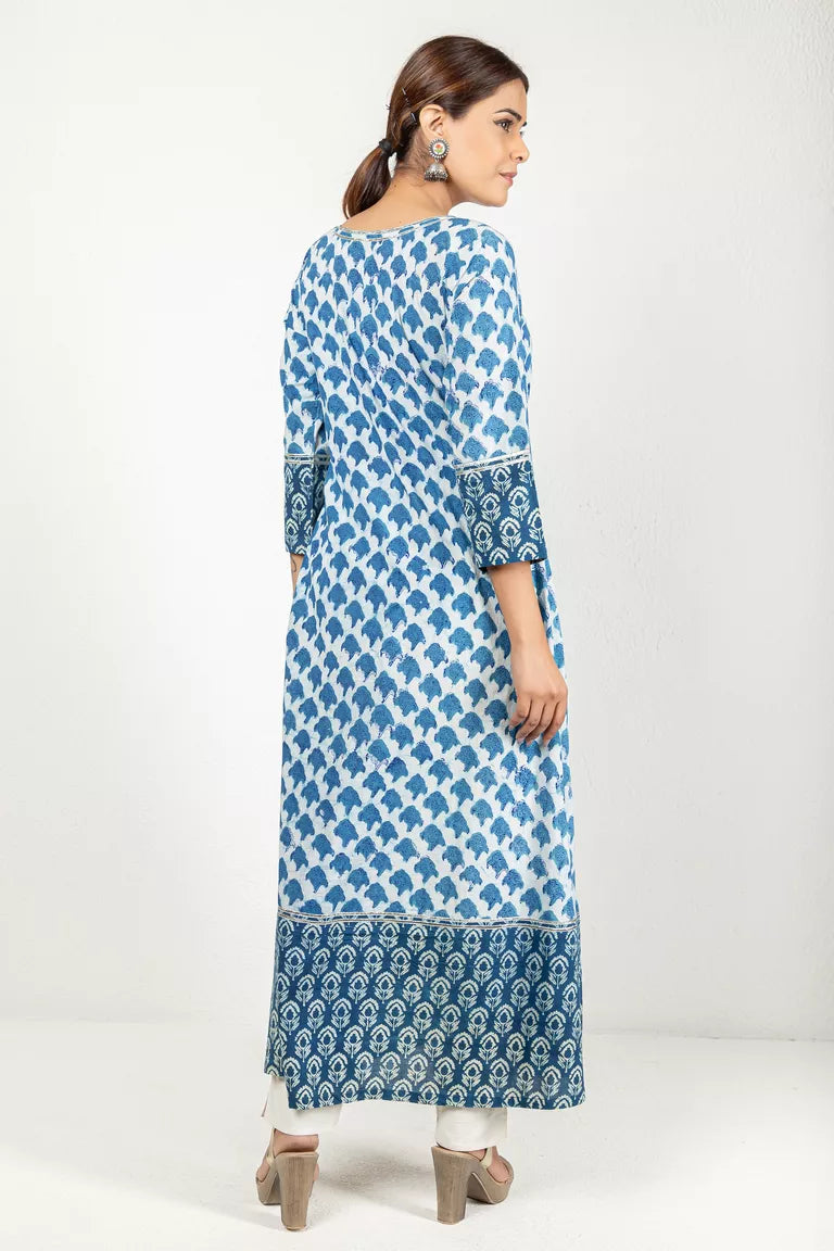 Indigo-Colored Kurta In Hand Block Dabu Print