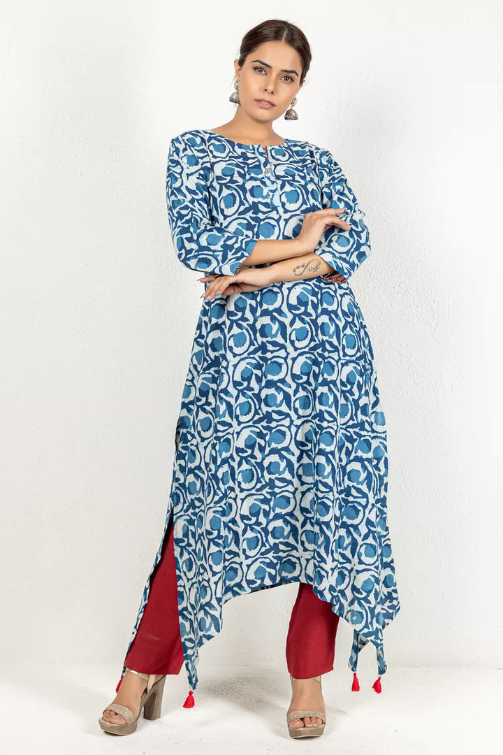 Blue-Colored Indigo Hand Block Dabu Printed Kurta