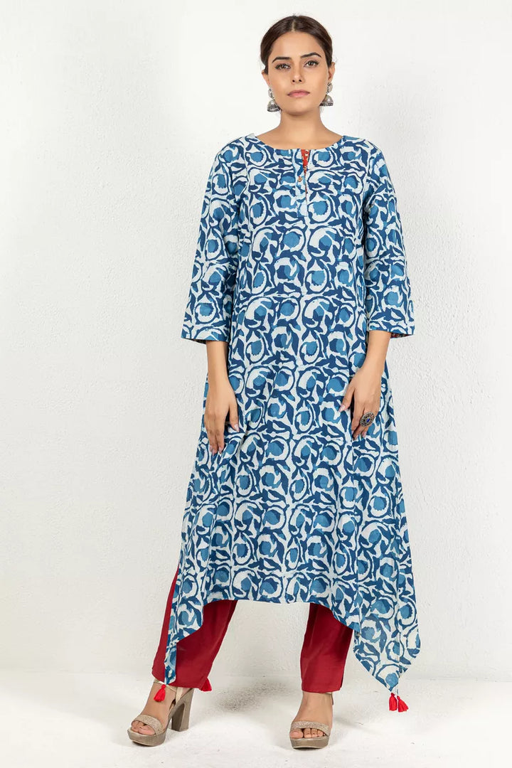 Blue-Colored Indigo Hand Block Dabu Printed Kurta