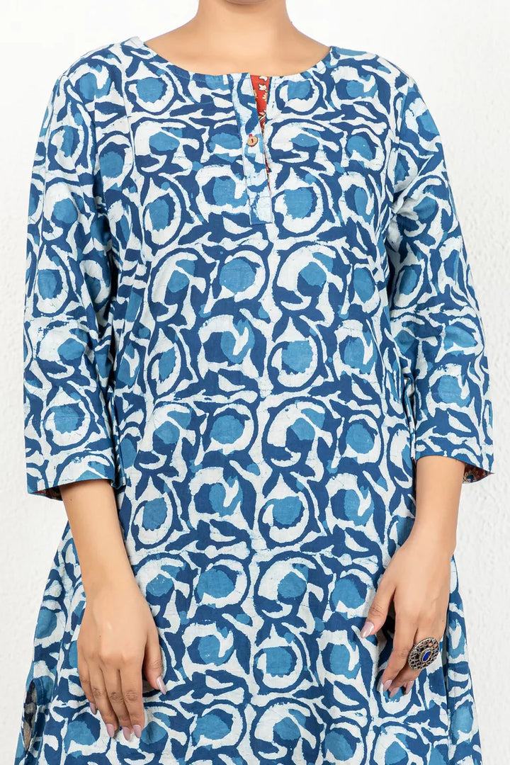 Blue-Colored Indigo Hand Block Dabu Printed Kurta