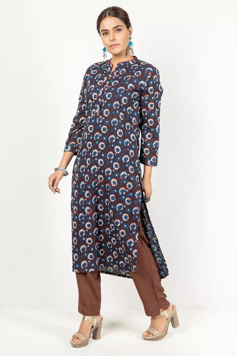 Indigo & Maroon Hand Block Jaota Print Kurta