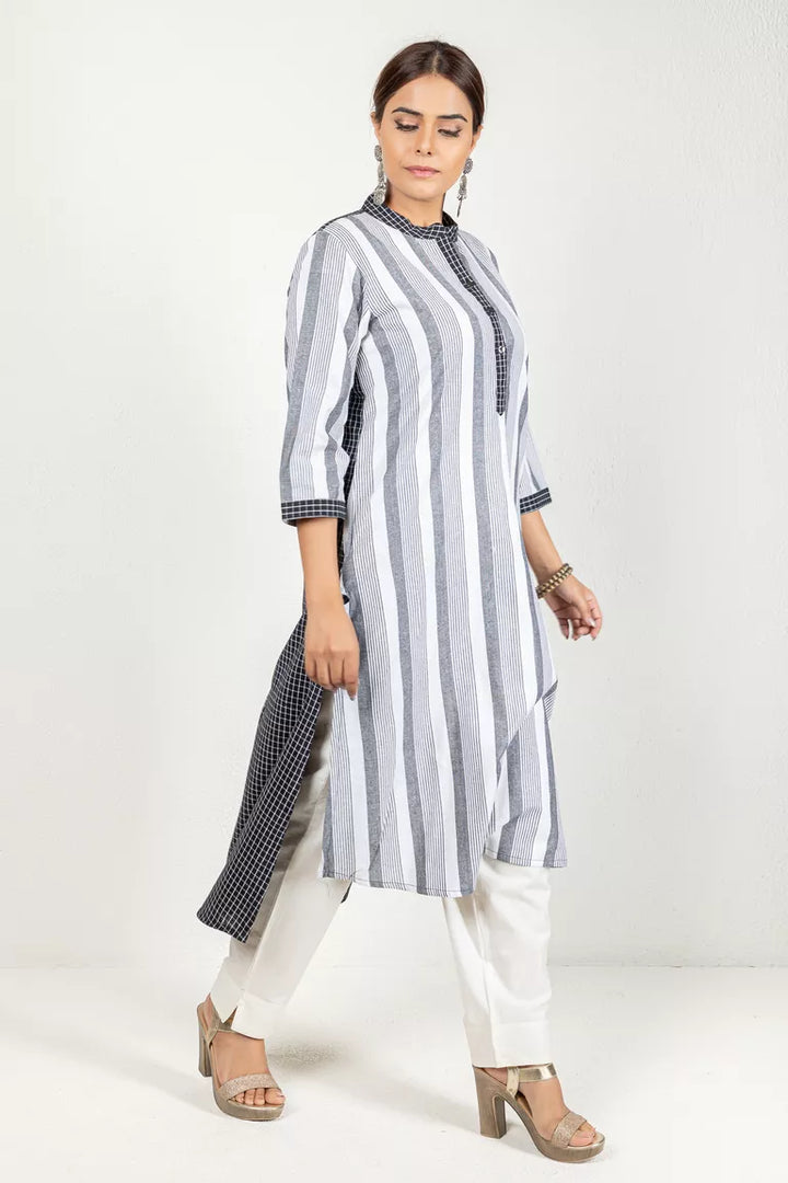 Black & White Woven Striped Kurta