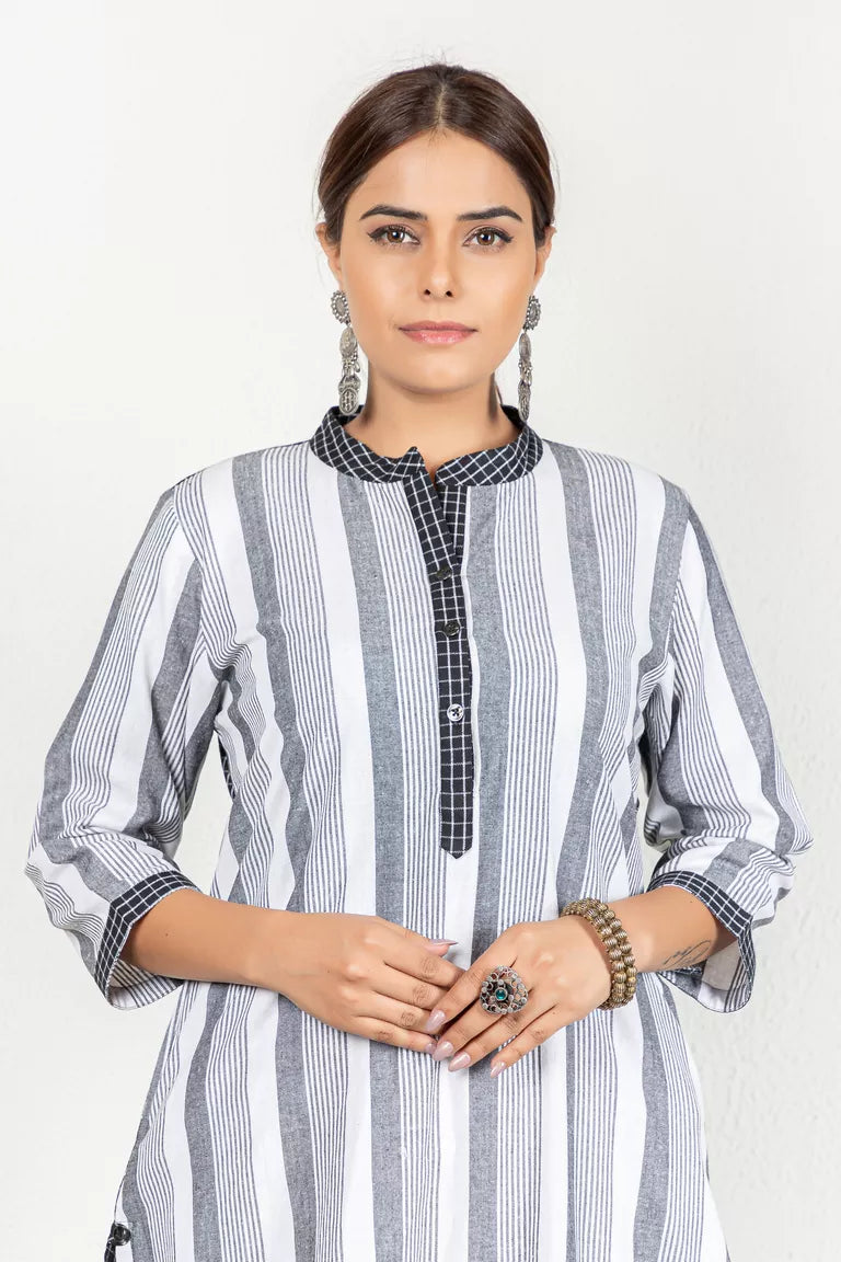 Black & White Woven Striped Kurta