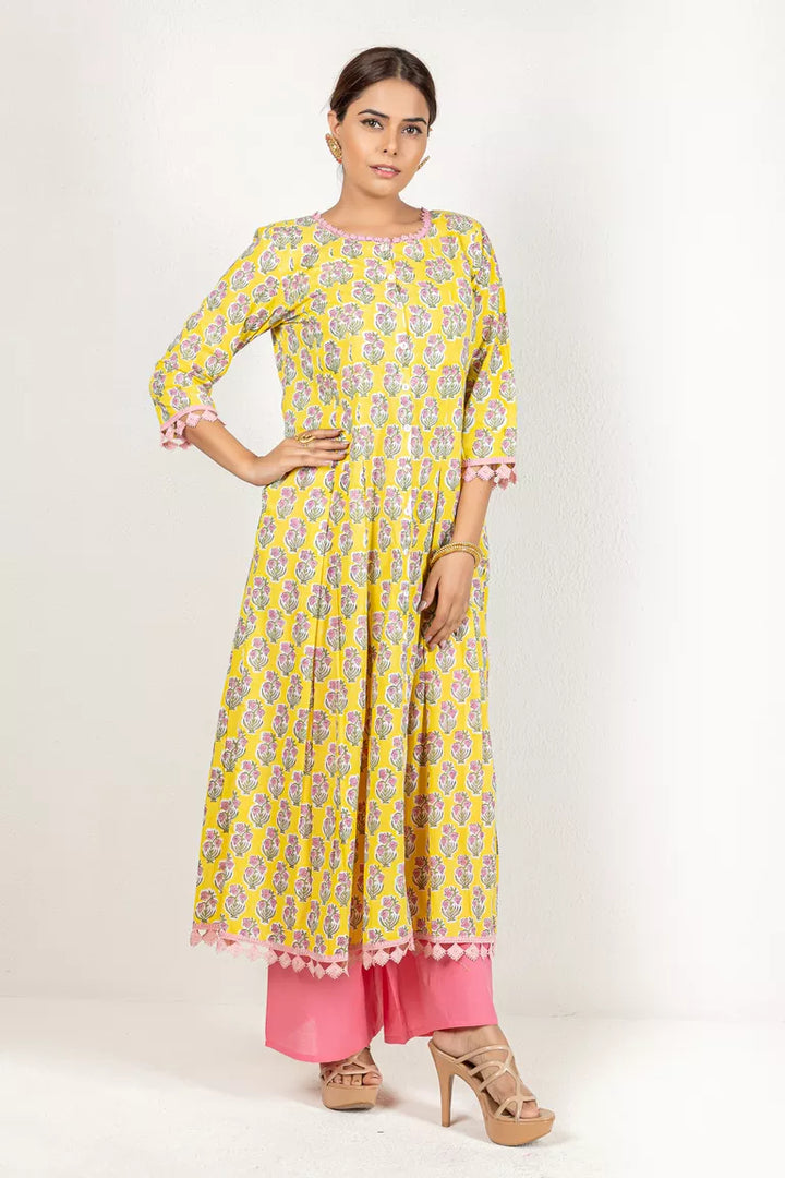 Yellow & Pink Hand Block Printed Kurta