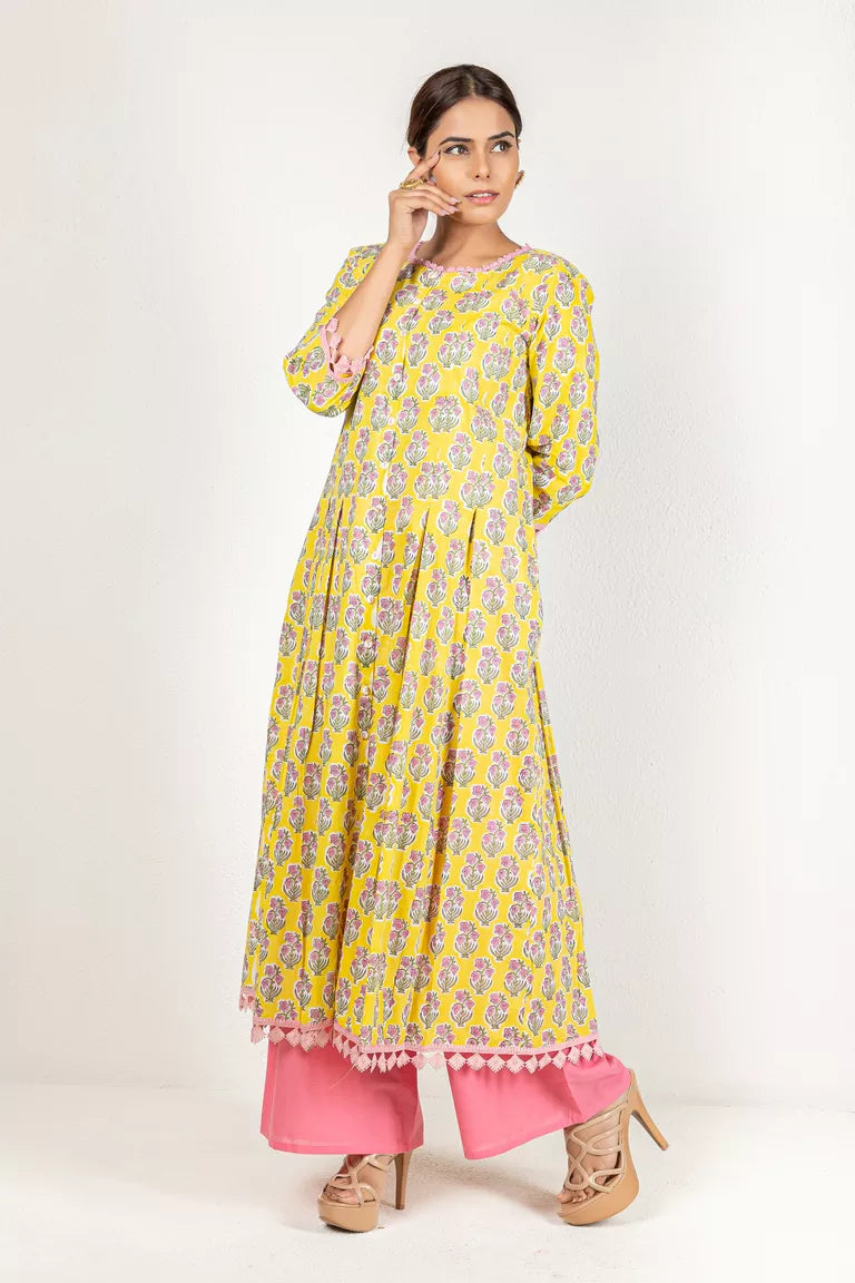 Yellow & Pink Hand Block Printed Kurta