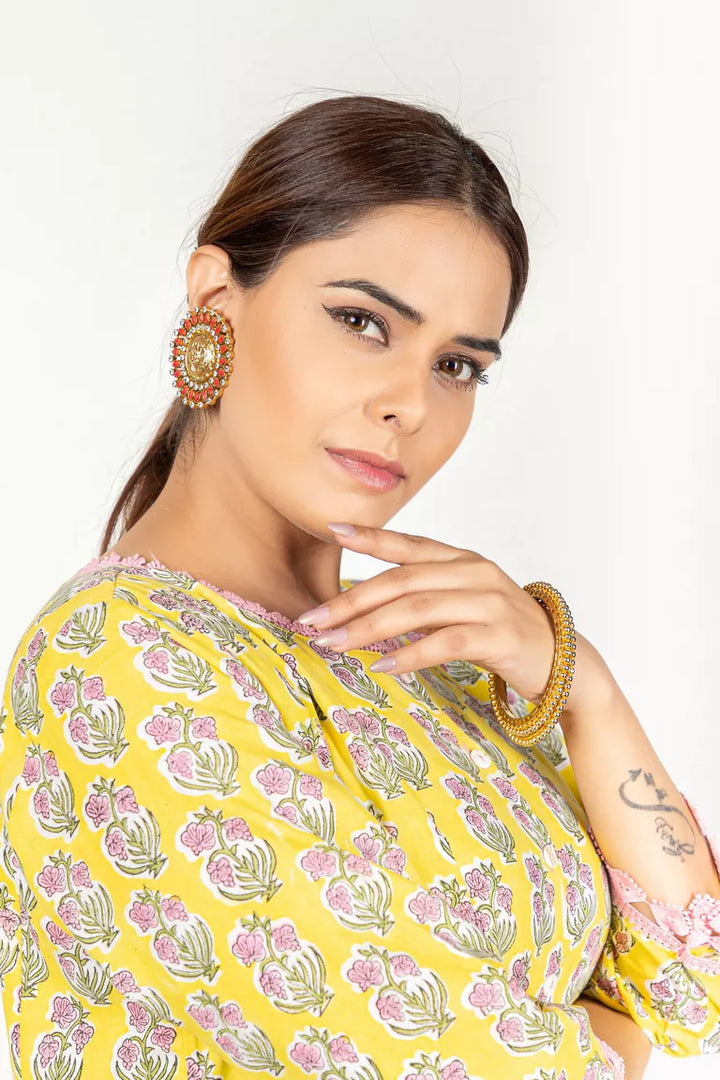 Yellow & Pink Hand Block Printed Kurta