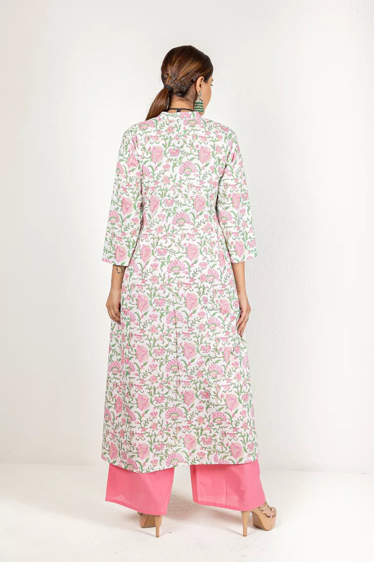 Off-White & Pink Hand Block Printed Kurta