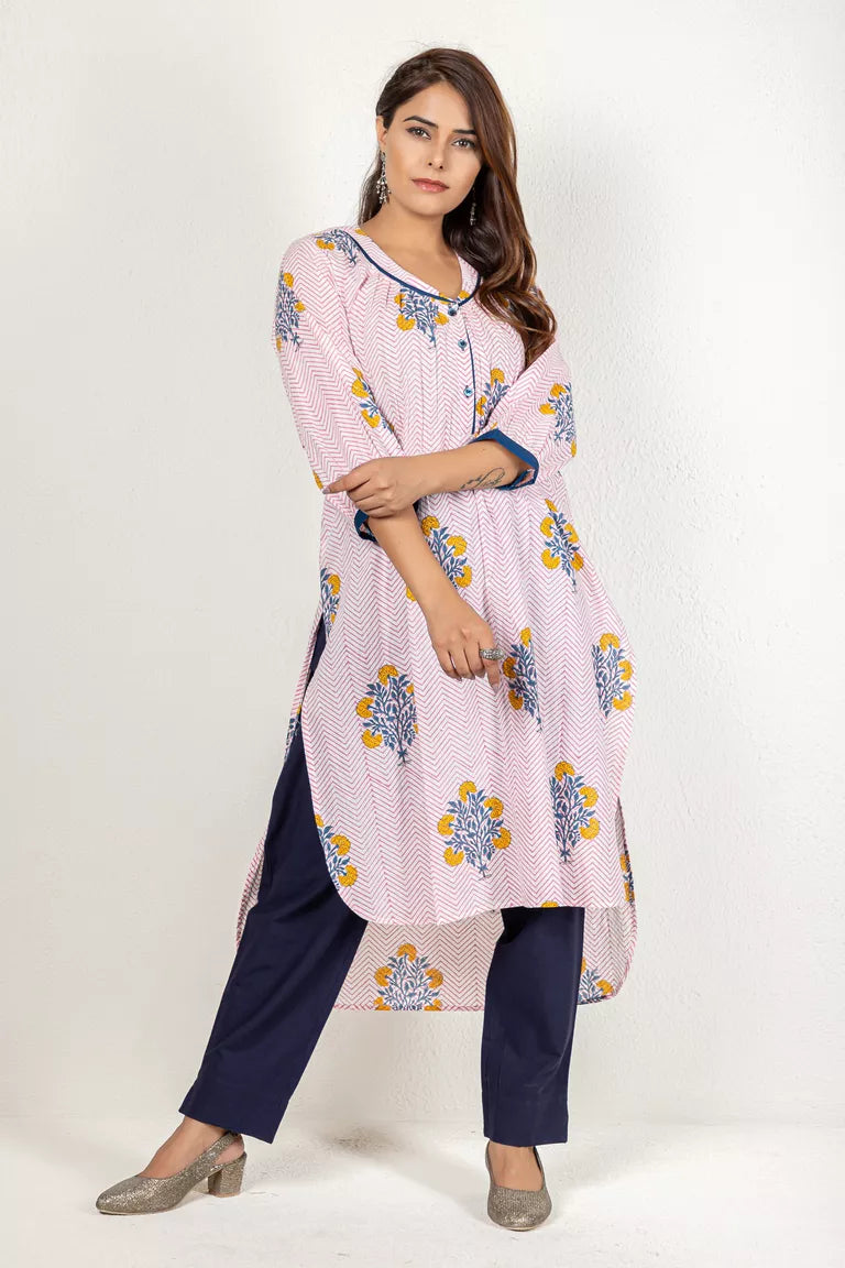 Pink & Blue Hand Block Printed Kurta