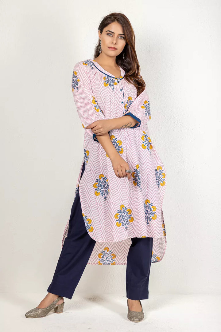 Pink & Blue Hand Block Printed Kurta