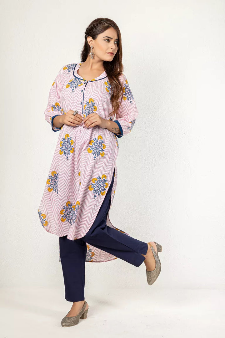 Pink & Blue Hand Block Printed Kurta