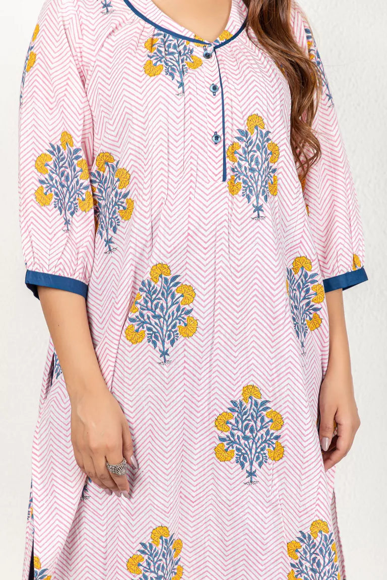 Pink & Blue Hand Block Printed Kurta