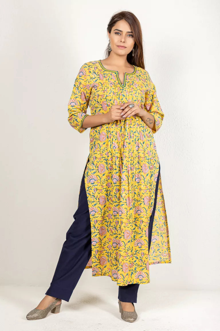 Deep Yellow & Blue Hand Block Printed Kurta