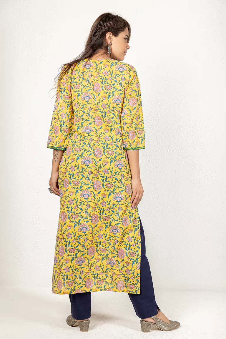 Deep Yellow & Blue Hand Block Printed Kurta