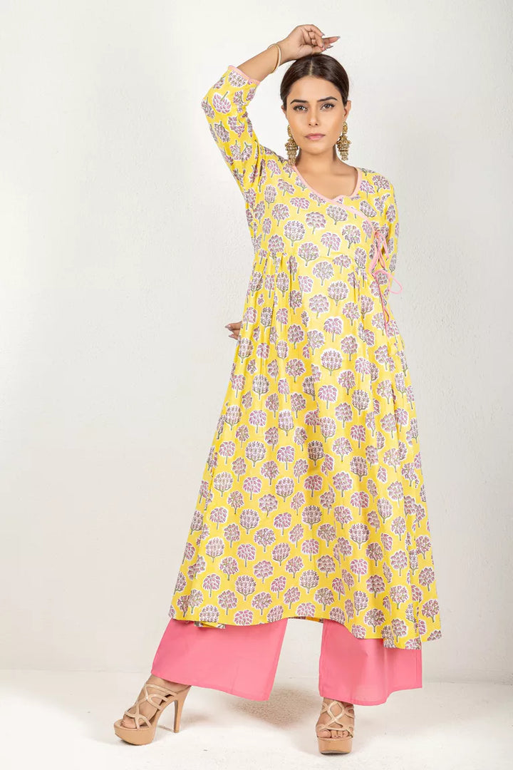 Yellow & Pink Printed Hand Block Kurta