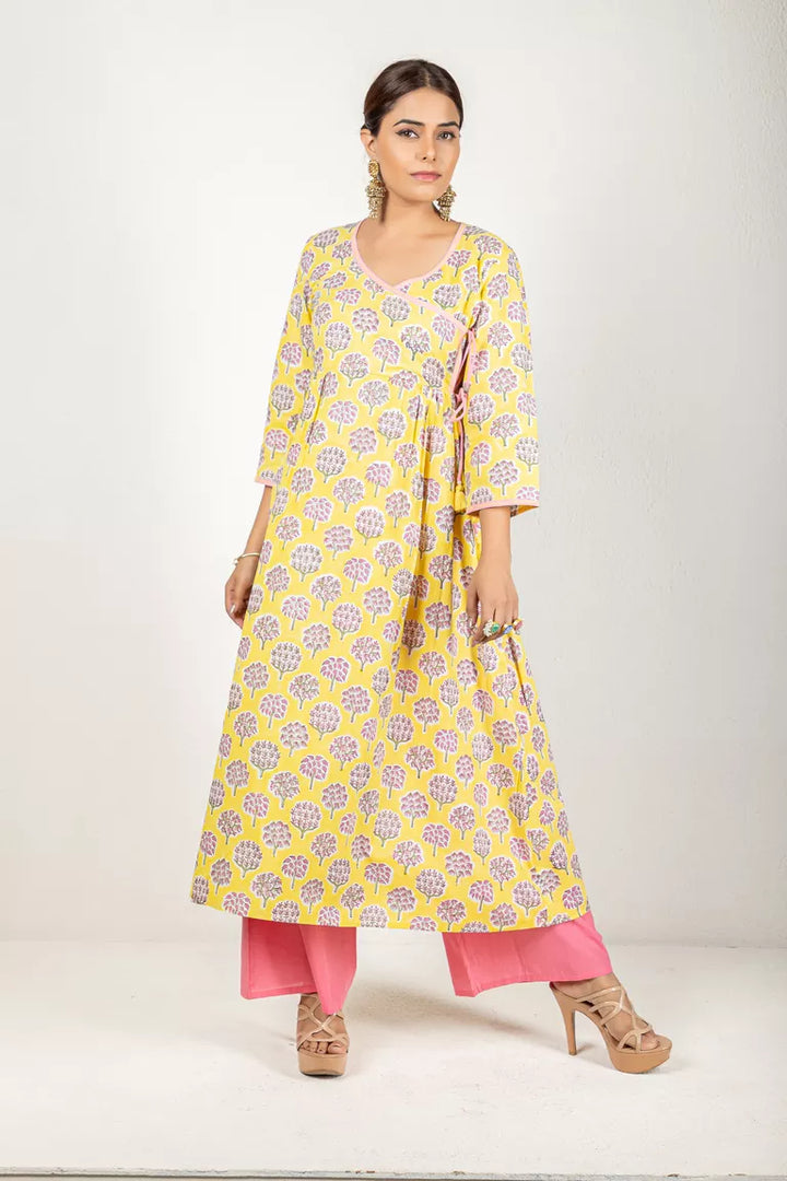 Yellow & Pink Printed Hand Block Kurta