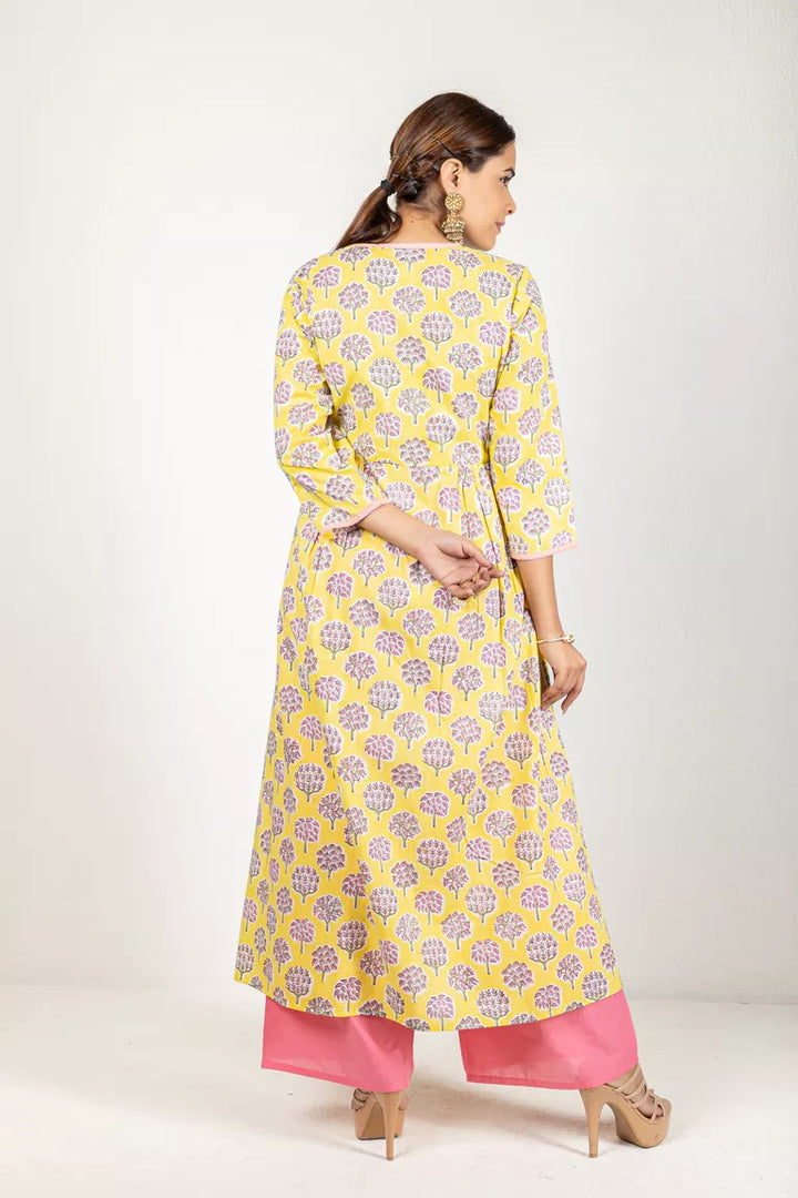 Yellow & Pink Printed Hand Block Kurta