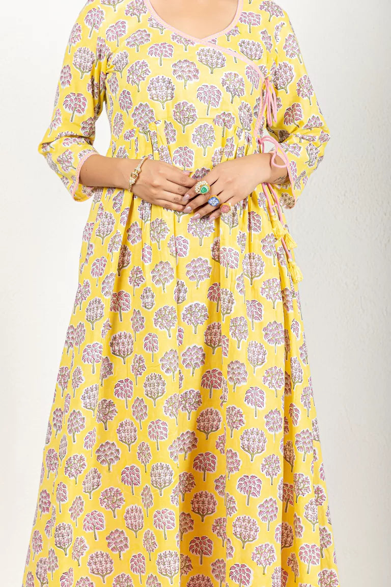 Yellow & Pink Printed Hand Block Kurta