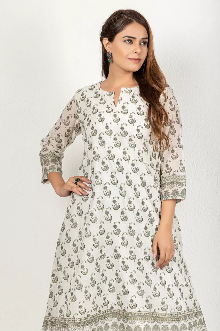 Cream & Olive Green Chanderi Kurta