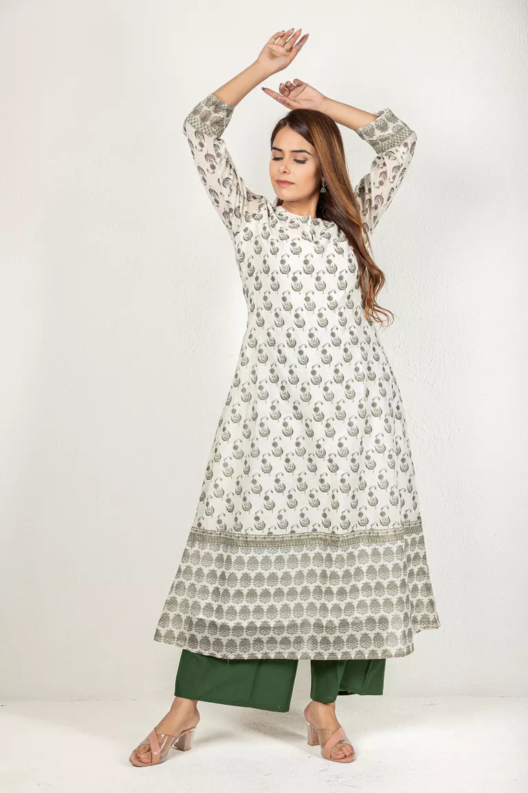 Cream & Olive Green Chanderi Kurta