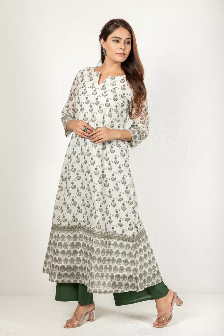 Cream & Olive Green Chanderi Kurta