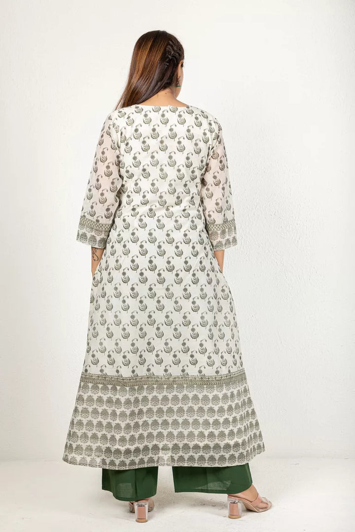 Cream & Olive Green Chanderi Kurta