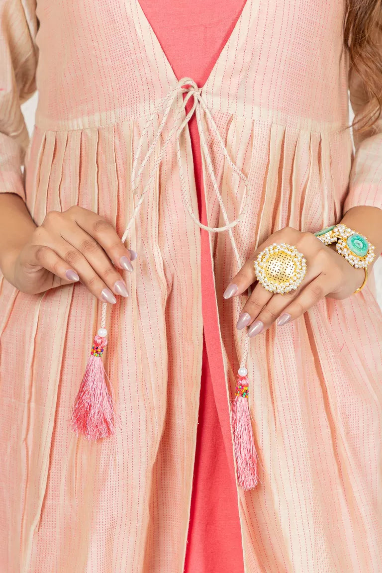 Beige and Carrot Pink Chanderi Kurta for Women