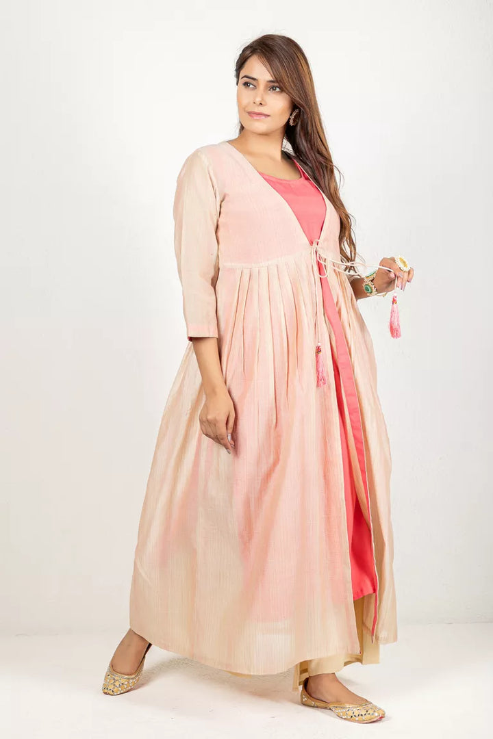 Beige and Carrot Pink Chanderi Kurta for Women
