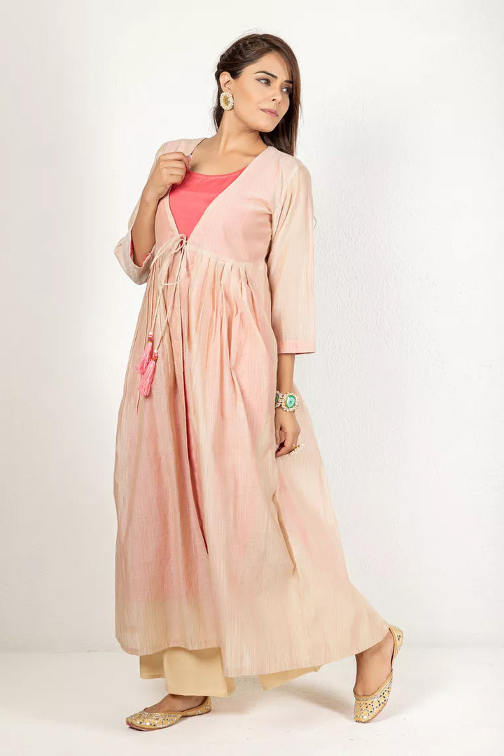 Beige and Carrot Pink Chanderi Kurta for Women