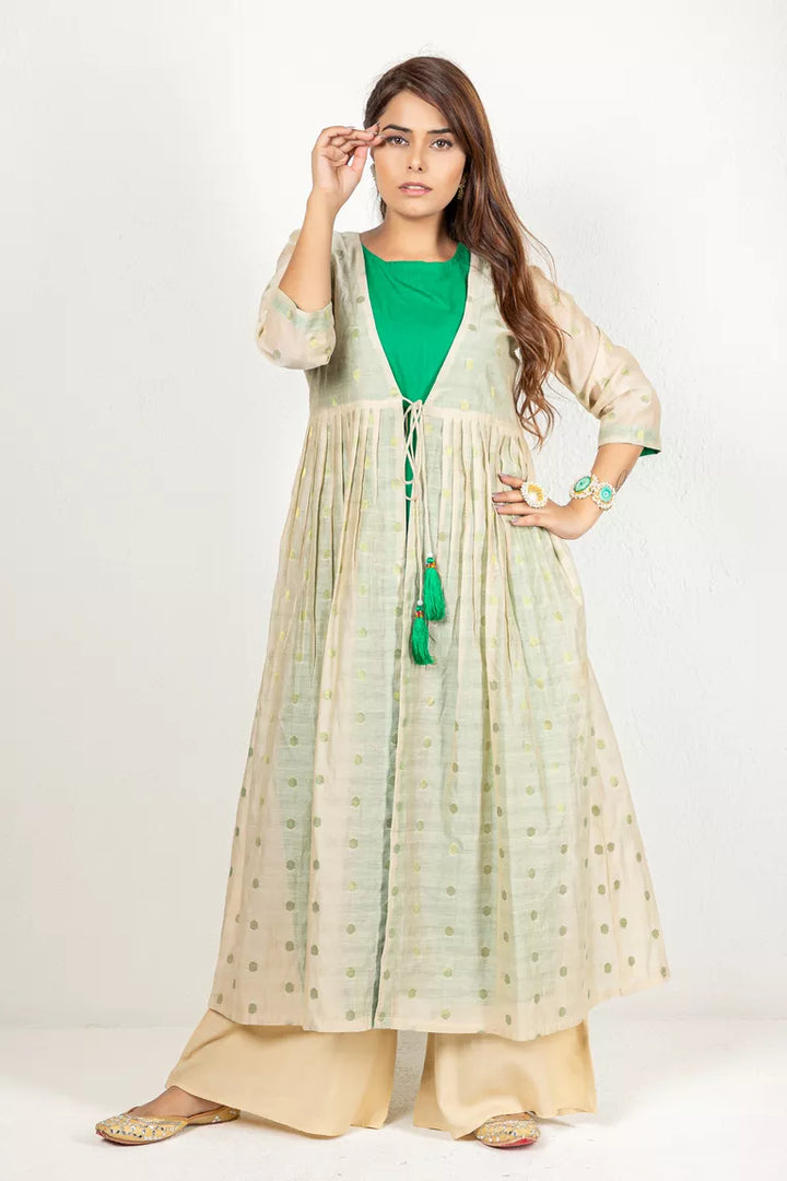 Beige & Deep Green Chanderi & Cotton Flax Kurta