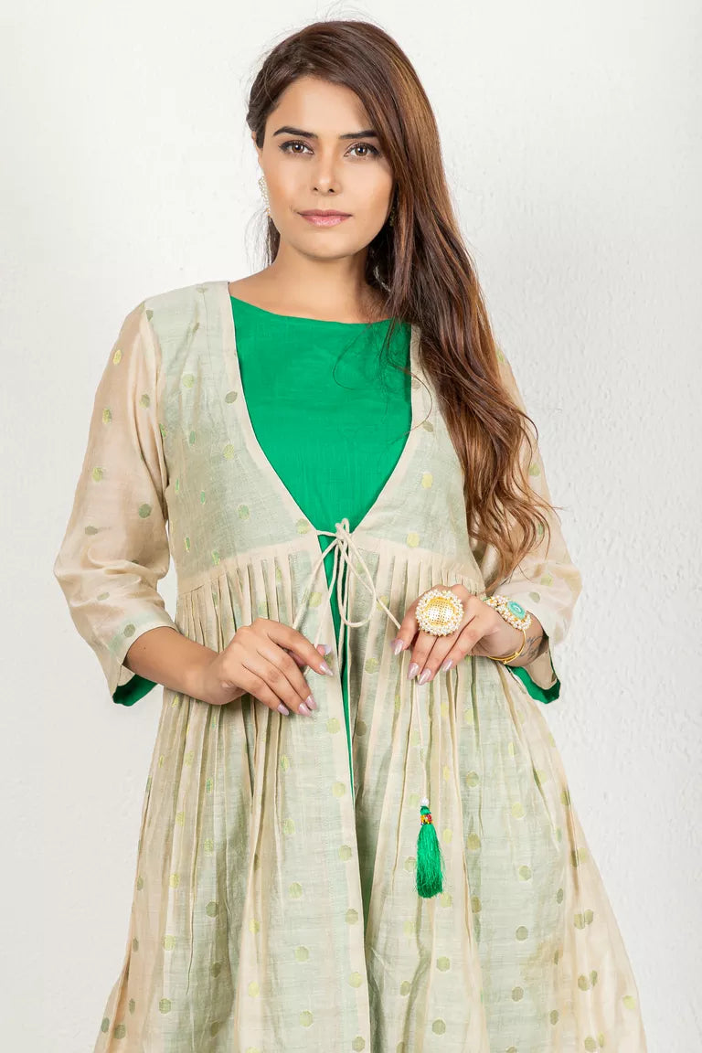 Beige & Deep Green Chanderi & Cotton Flax Kurta