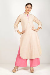 Beige and Pink Chanderi Woven Checked Kurta for Women