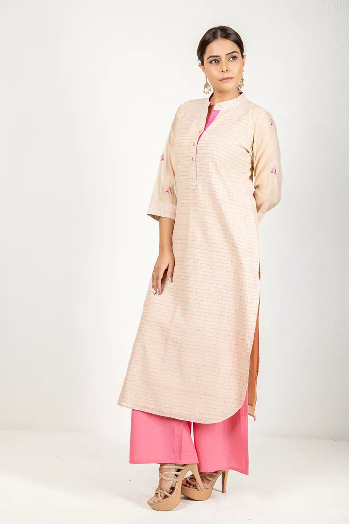 Beige & Pink Chanderi Woven Checked Kurta