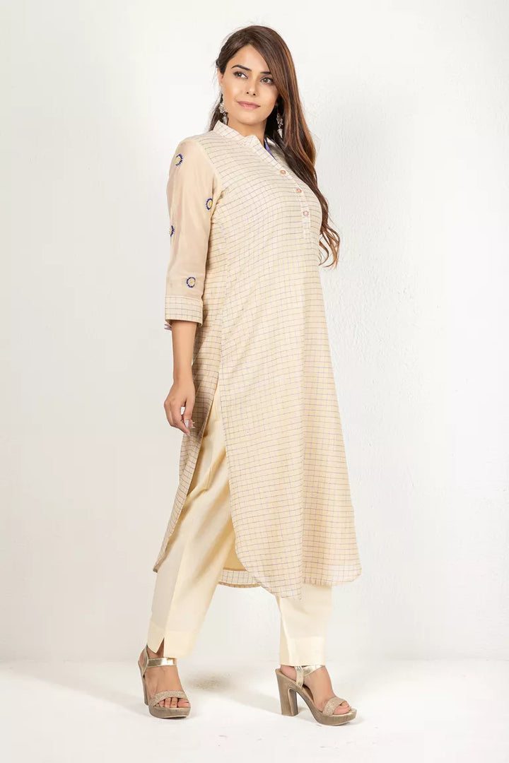 Beige & Purple Chanderi Woven Checked Kurta