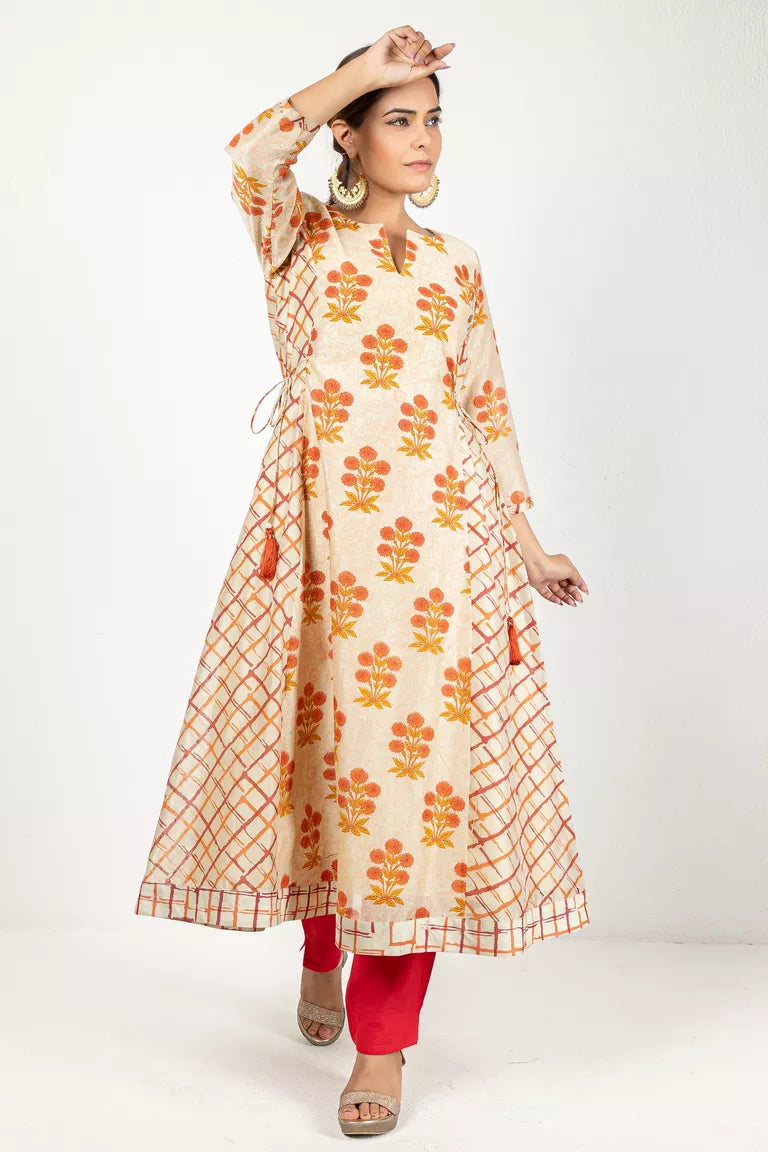 Beige & Rust Chanderi Kurta