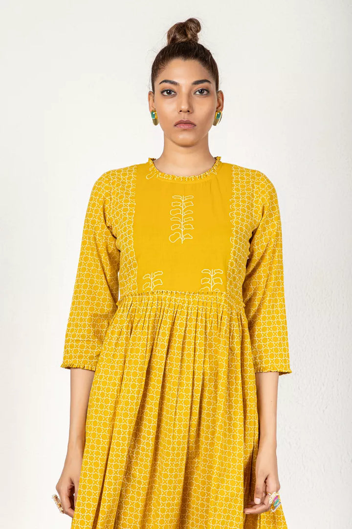 Mustard Cotton Printed Kurta Dress