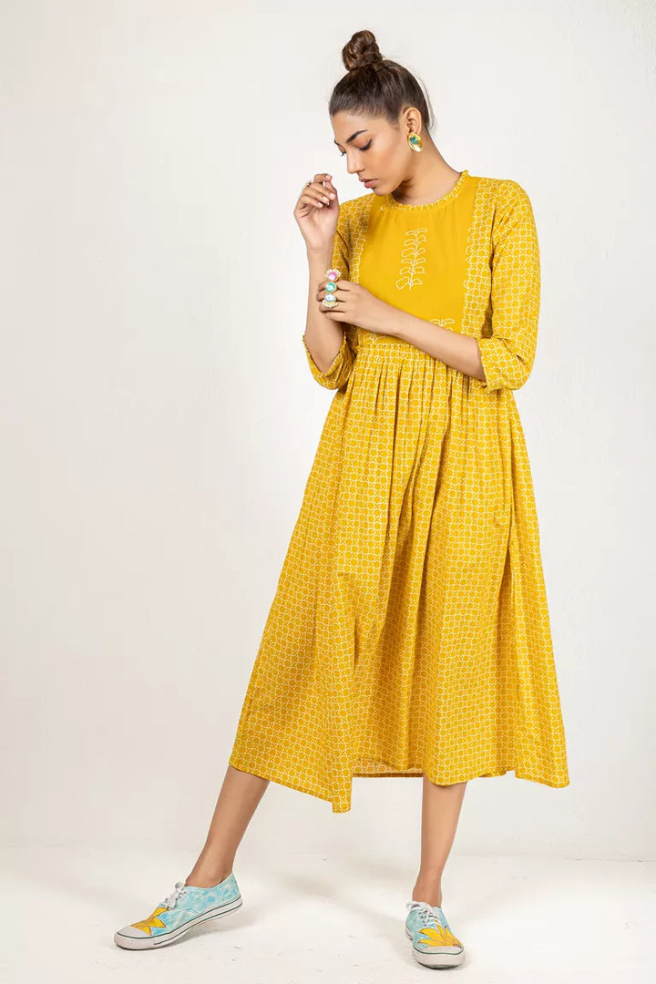 Mustard Cotton Printed Kurta Dress