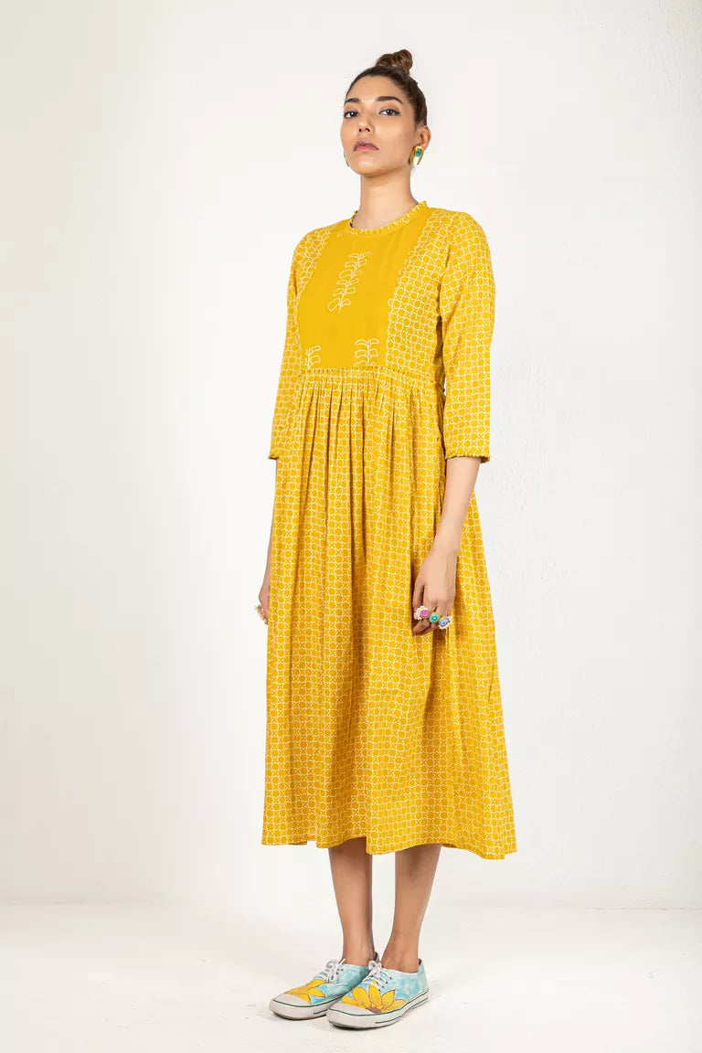 Mustard Cotton Printed Kurta Dress