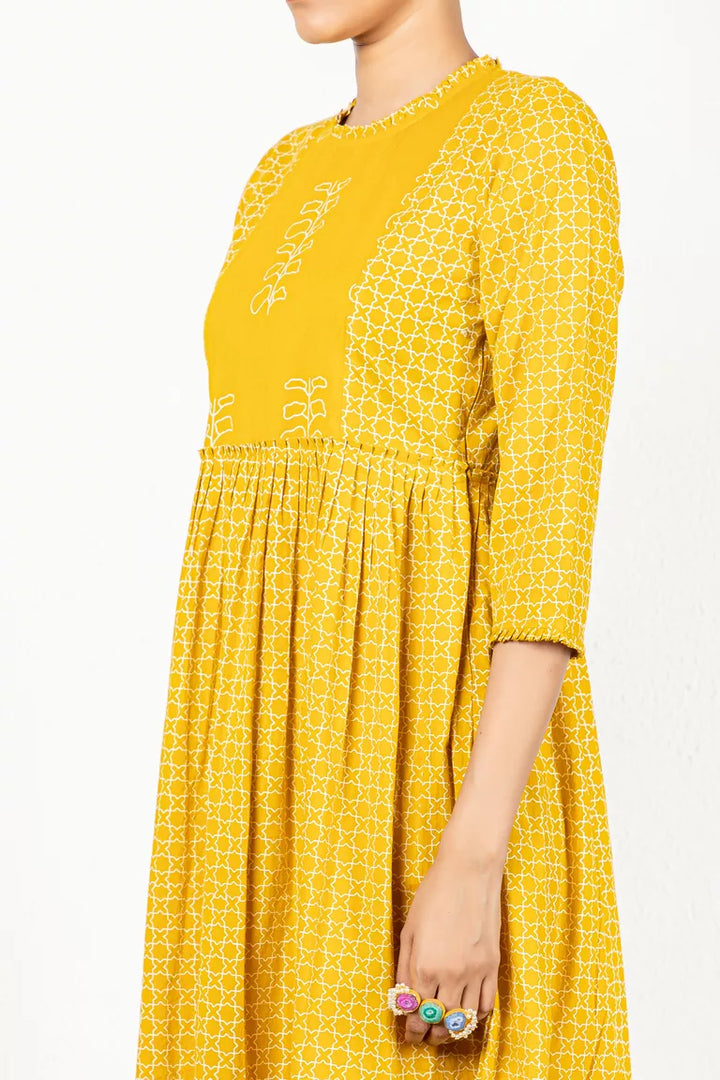 Mustard Cotton Printed Kurta Dress