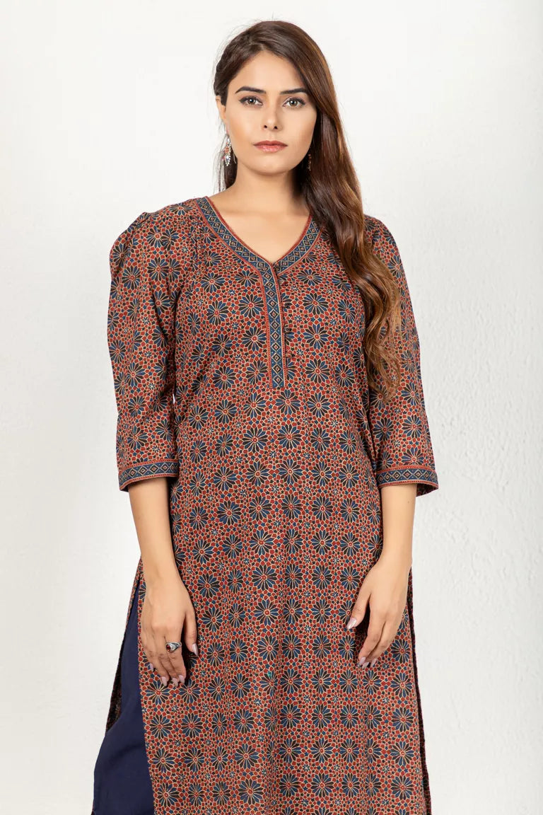 Maroon & Blue Hand Block Bagru Print Kurta