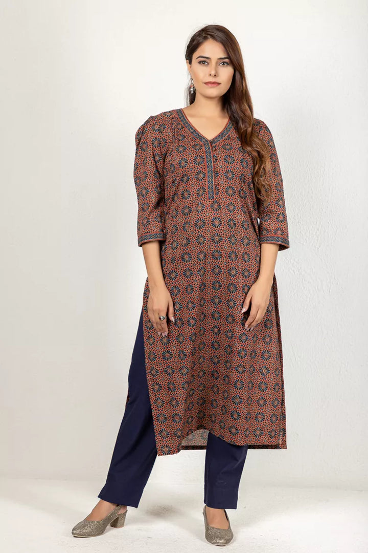 Maroon & Blue Hand Block Bagru Print Kurta