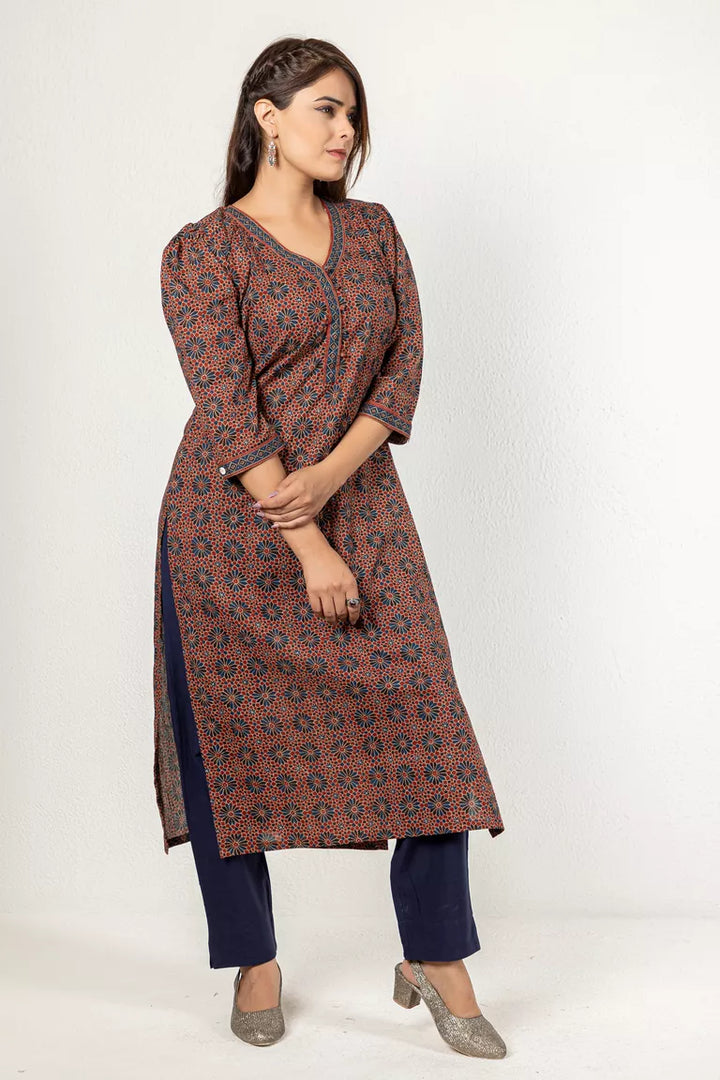 Maroon & Blue Hand Block Bagru Print Kurta