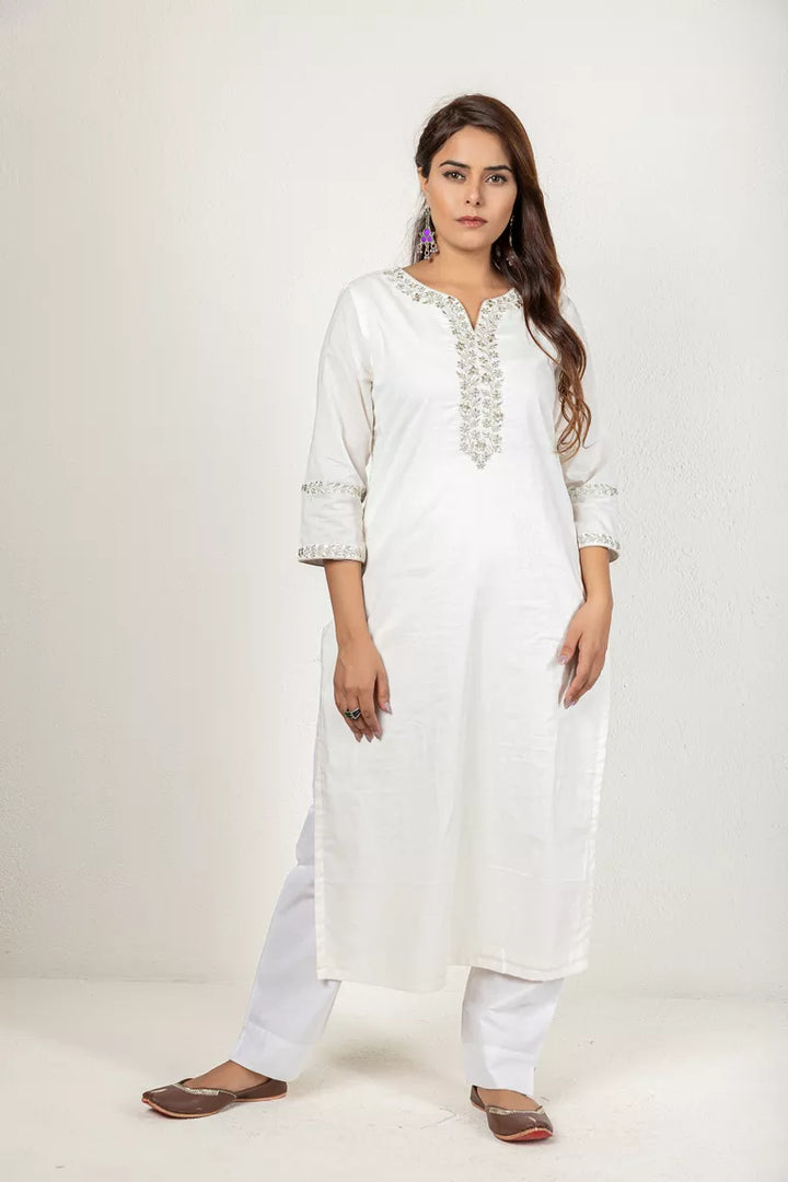 Off-White 3/4 Sleeves Cotton Kurta