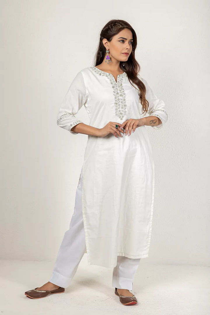 Off-White 3/4 Sleeves Cotton Kurta